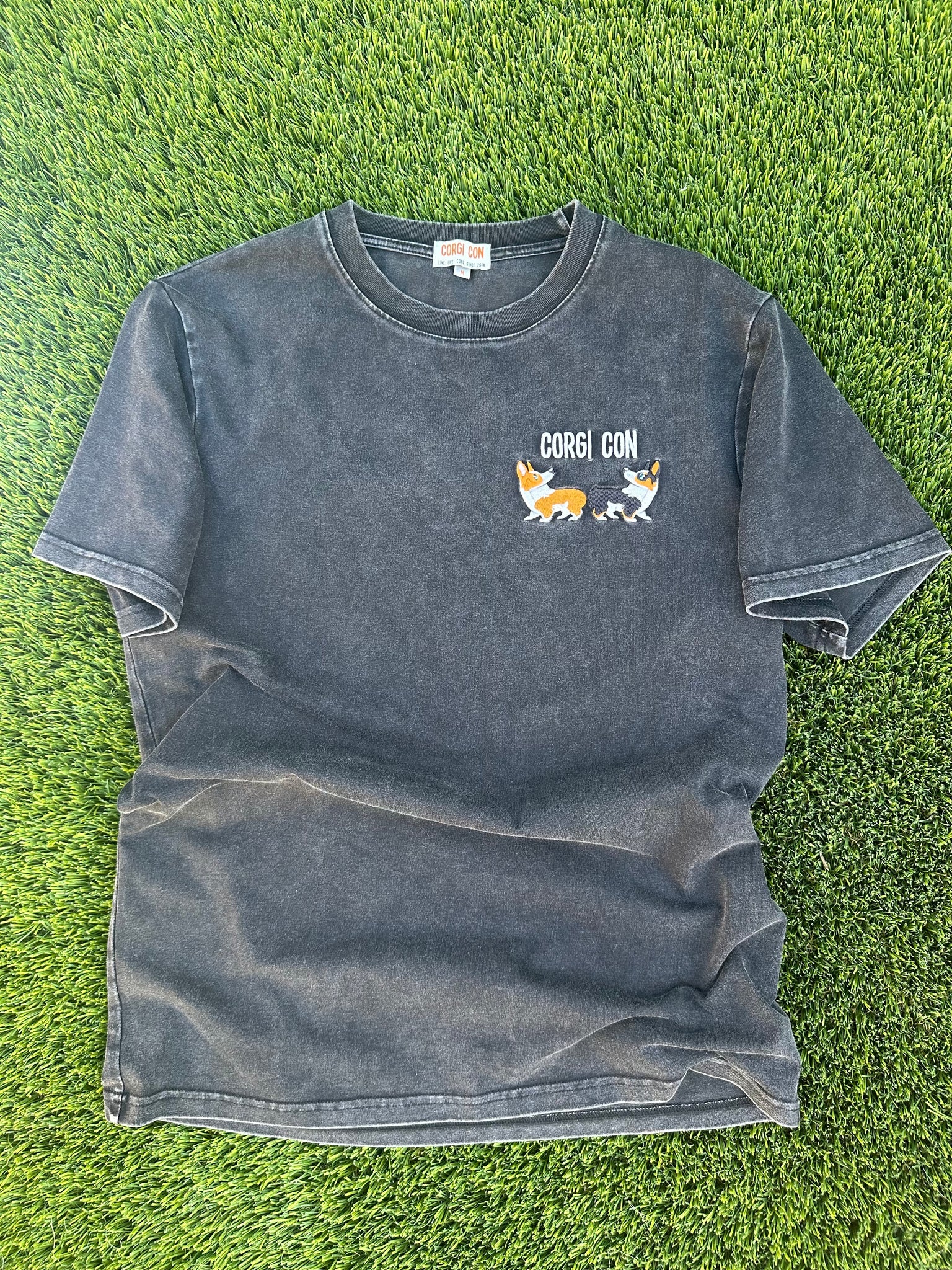Black Washed Corgi Con Embroidered Tee