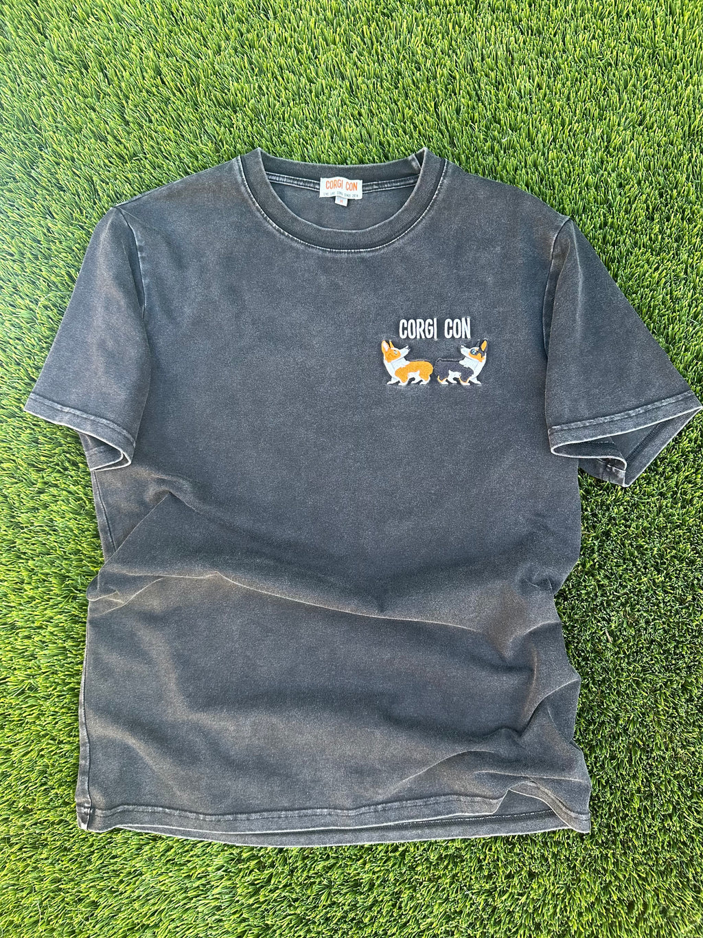 Black Washed Corgi Con Embroidered Tee