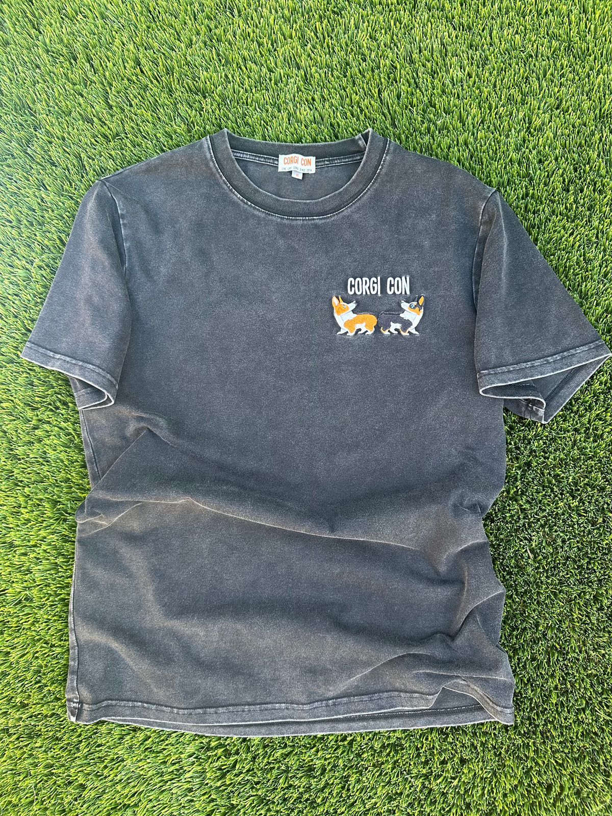 Black Washed Corgi Con Embroidered Tee