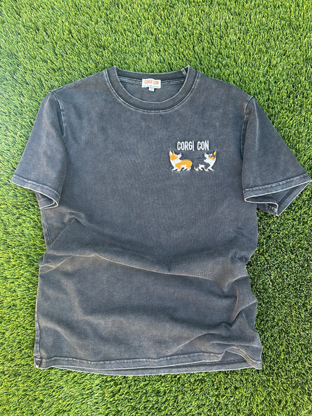 Black Washed Corgi Con Embroidered Tee