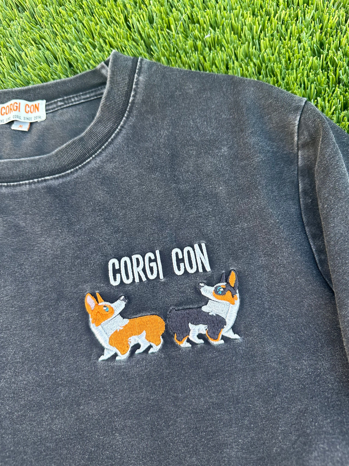 Black Washed Corgi Con Embroidered Tee