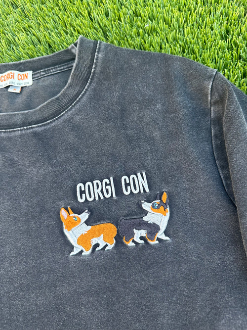 Black Washed Corgi Con Embroidered Tee